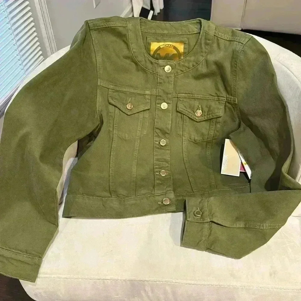 NWT Michael Kors Army Green Denim Jacket. Women’s size medium. Gold butt…